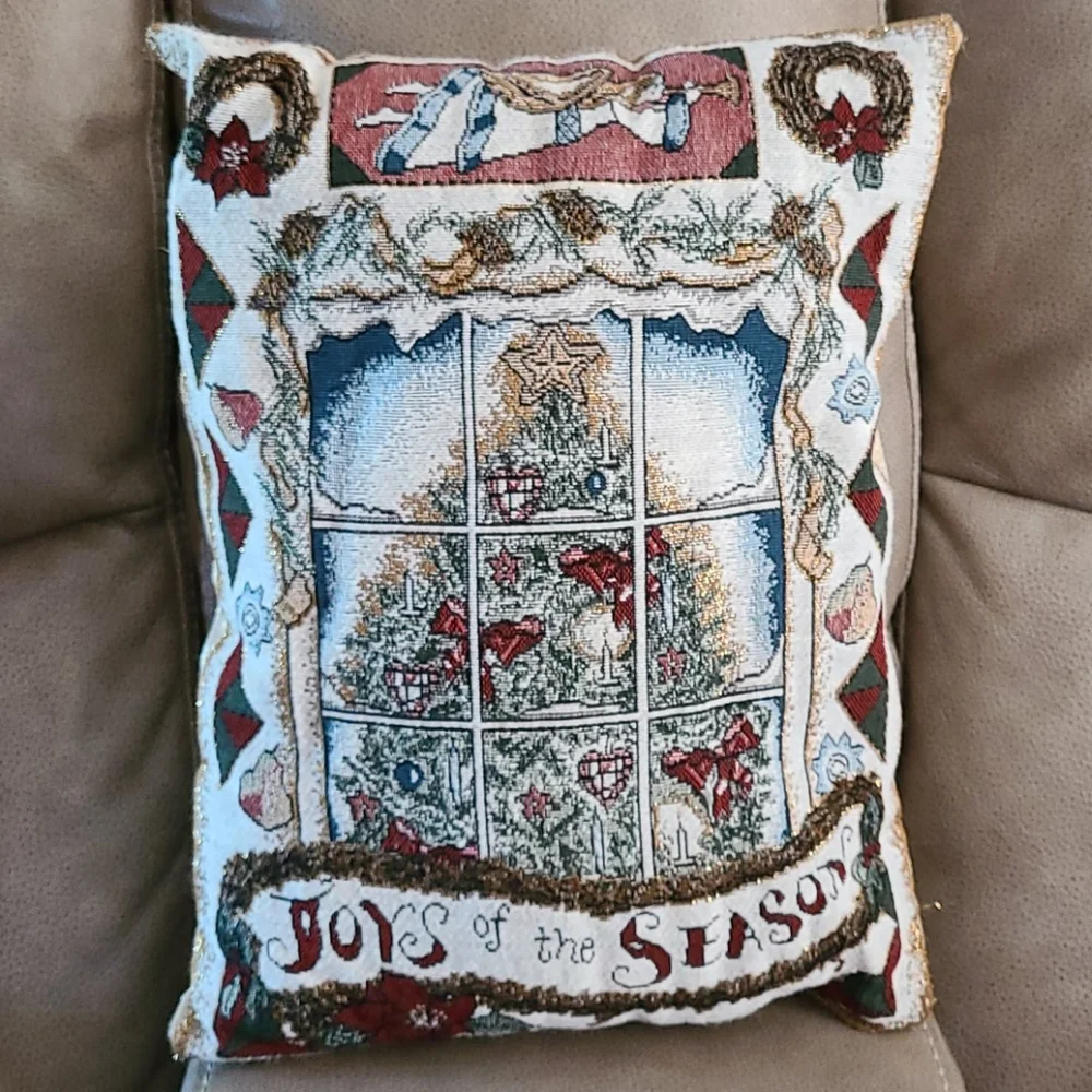 Christmas Throw Pillow Tree Scene Joy Season Burgundy Gold Lamé 12 x 16 Vintage